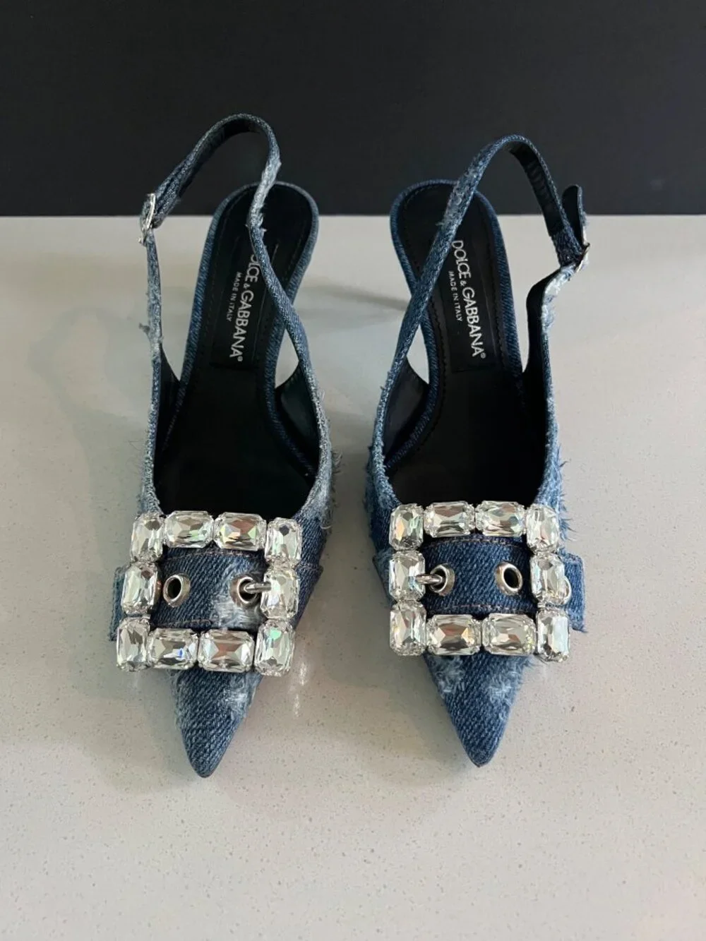 DOLCE & GABBANA Devotion Crystal Buckle denim Slingback Pumps heels size 37